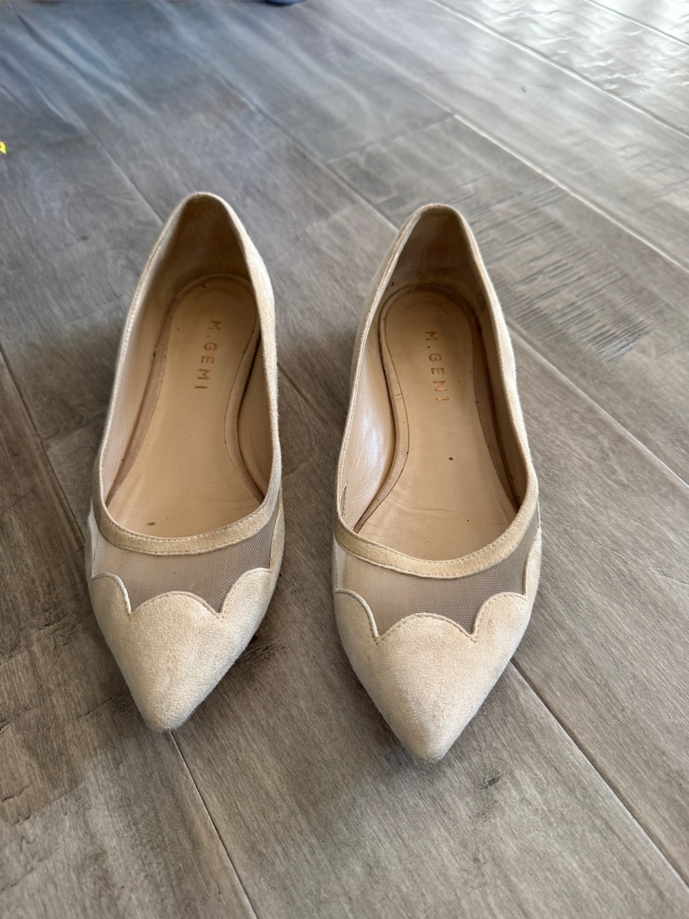 M. Gemi Nude Suede & Mesh Scalloped Pointed Ballet Flats